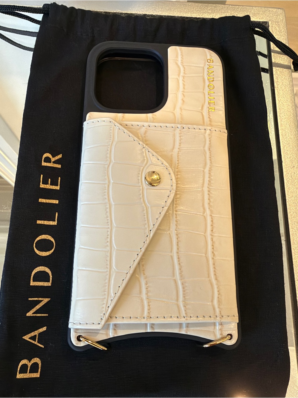 Bandolier Croc-Embossed Wallet 14 Pro Max Phone Case in Cream with Gold Hardware